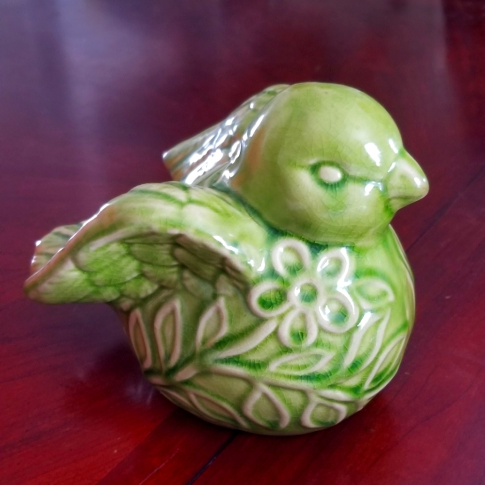 Vintage Large Ceramic Statue Figurine GreenGlazed Floral Sparrow Bird